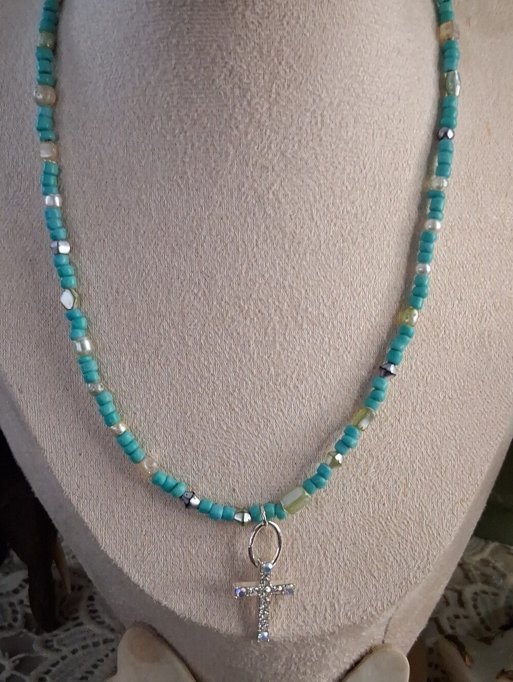 Turquoise Beaded Cross Necklace - Women Jewelry